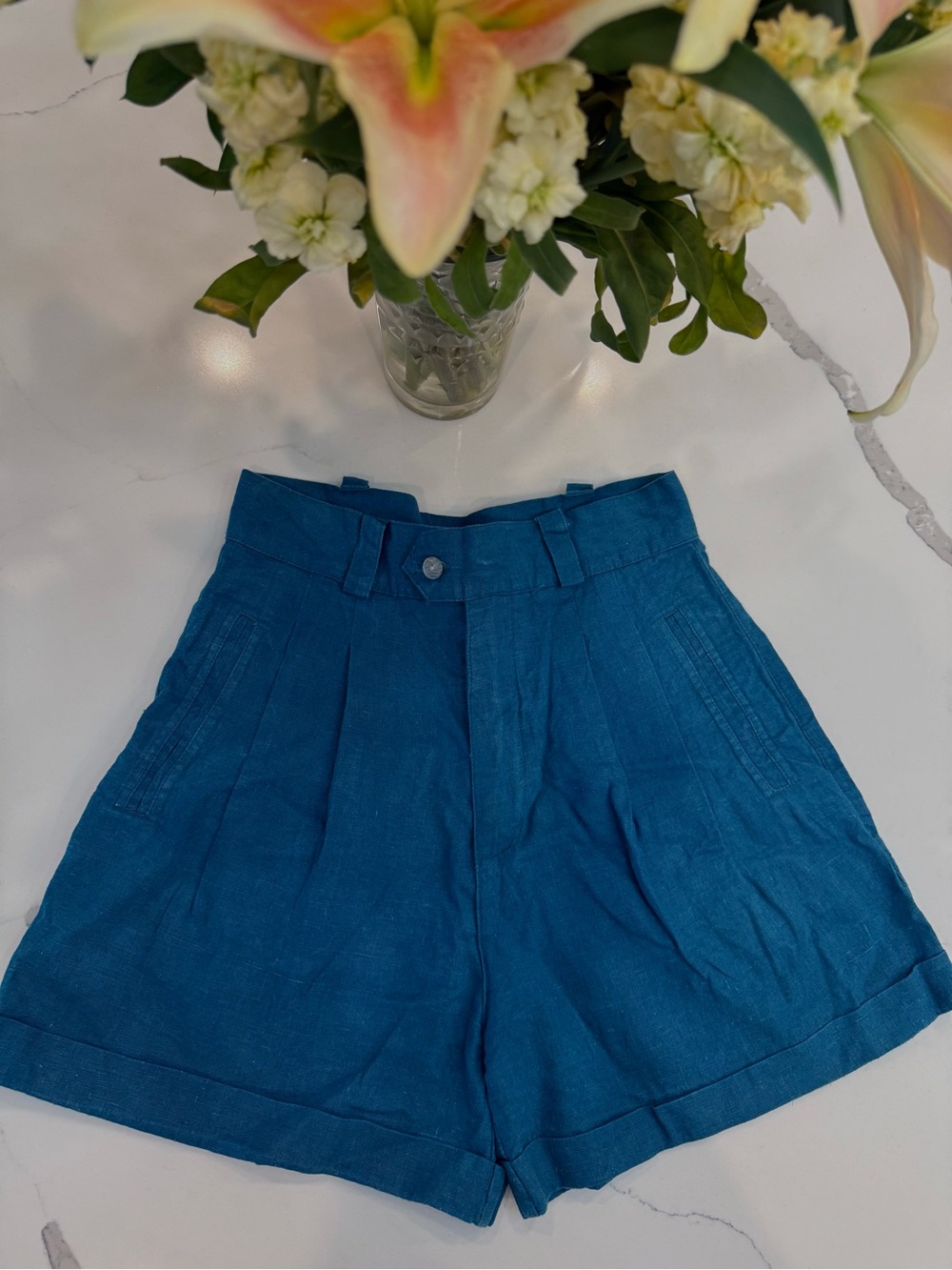 High-Waist Teal Women's Linen Blend Shorts